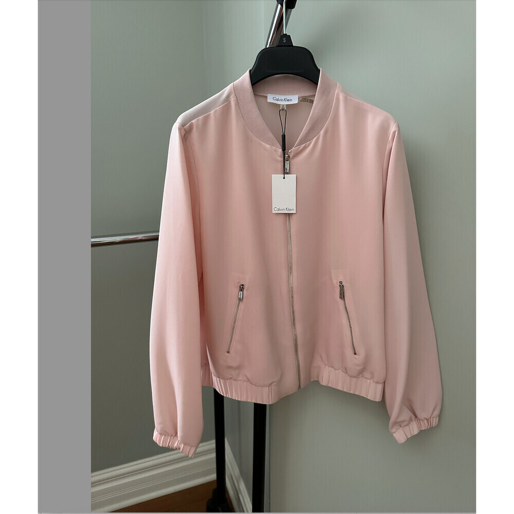 Calvin Klein Zip Up Sheer Satin Bomber Jacket In Blush Pink Size M 150$ - Picture 3 of 12
